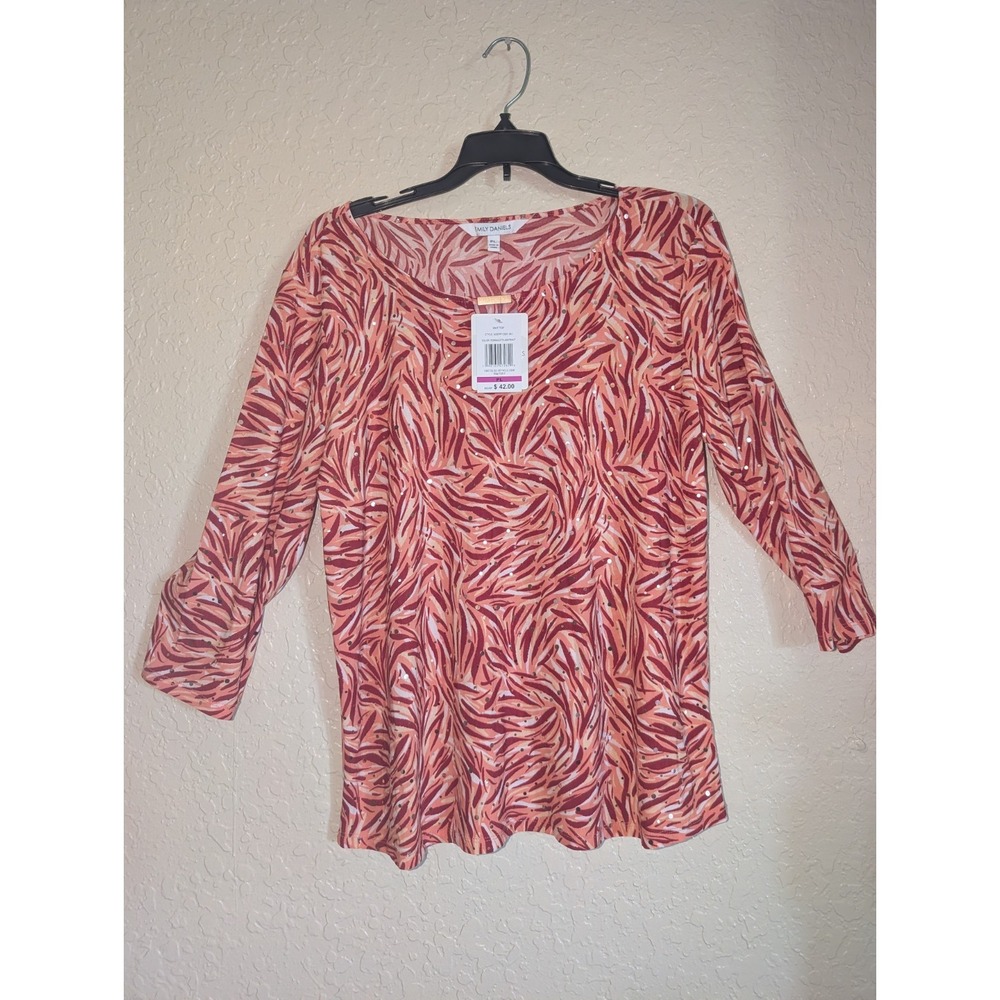 NEW EMILY DANIELS WOMENS TOP Keyhole Petite L 3/4 SLEEVE CORAL Metallic Sparkle